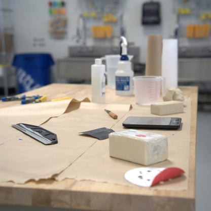 Handbuilding table with clay, tools and slab paper at Claya pottery studio in RiNo, Denver