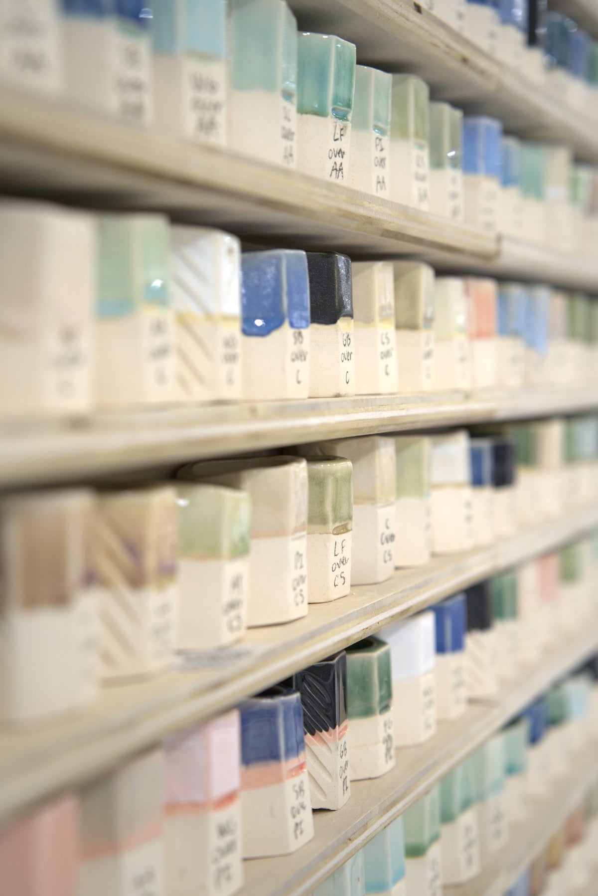 Wall of glaze test tiles to choose from at Claya pottery studio, RiNo Denver