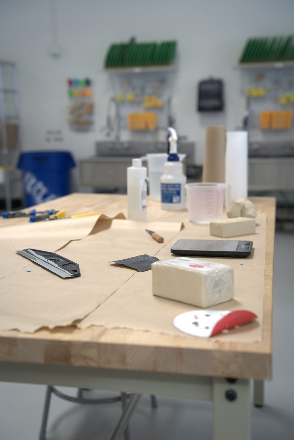 Pottery class worktable set with clay and tools at Claya studio, RiNo Denver