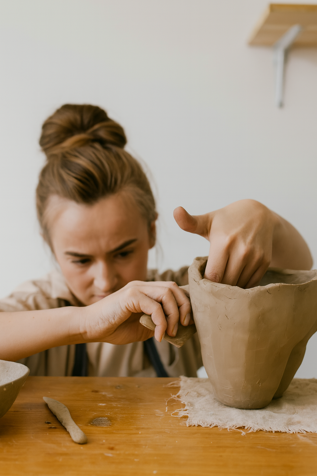 A woman shapes a handmade pottery bowl at Claya handbuilding studio in Denver